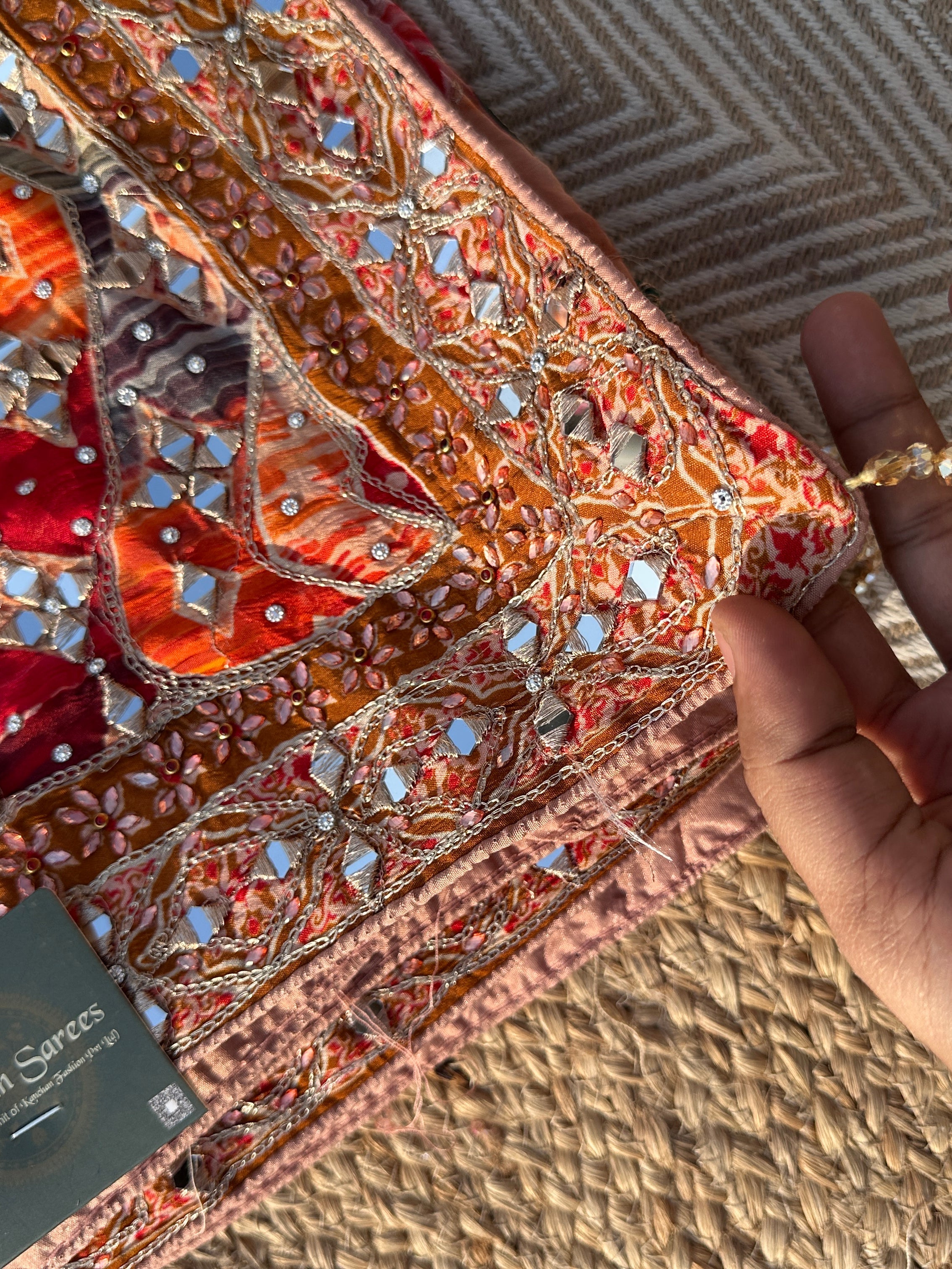 Peach Georgette Saree with Blouse with Mirror, Zari, Sequins, Swarovski and Printed Embroidery 6